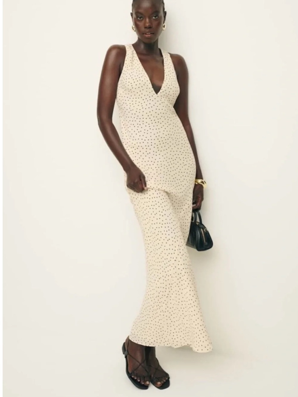 Reformation Cream Maxi Dress with Black Dot Print